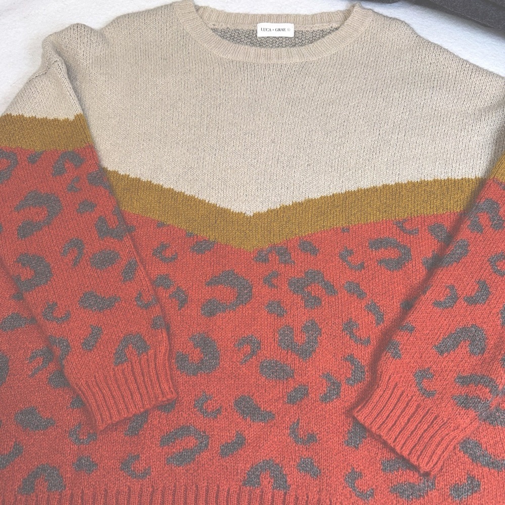 Luca + Grae Large Leopard Print Colorblock Sweater Oversized Knit Top